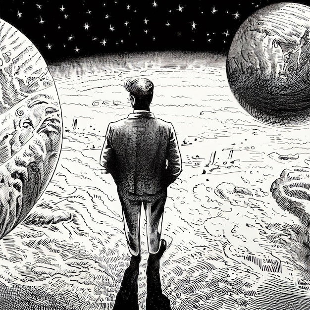 Hombre triste y solitario en la luna dibujo a lápiz generado por Ai