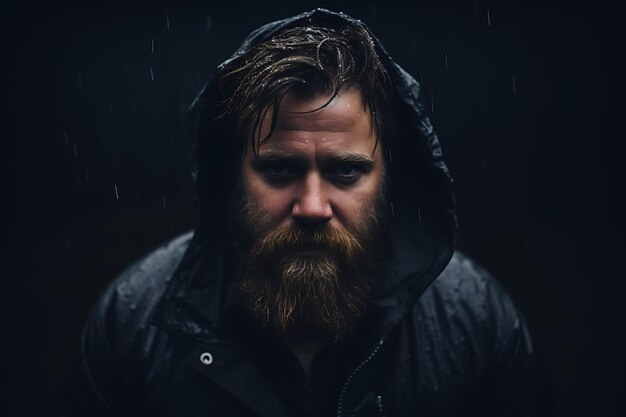 Foto hombre triste y sombrío con barba mirando indeciso y triste pensando en algo y malhumorado de pie