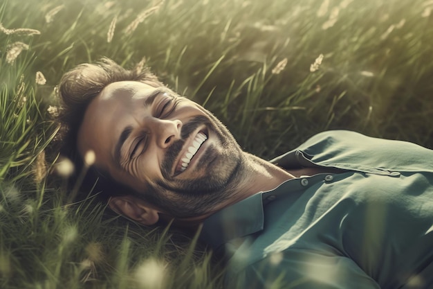 Un hombre tumbado en un campo de hierba sonriendo a la cámara.