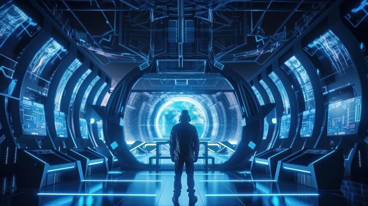 Un hombre se para en un túnel azul con una luz azul que dice "cyberpunk"