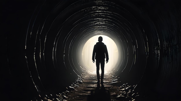 hombre en túnel concepto o túnel oscuro conceptual con una luz brillante al final o salida como metáfora del éxito fe futuro o esperanza una silueta negra del hombre caminando a una nueva oportunidad o libertad