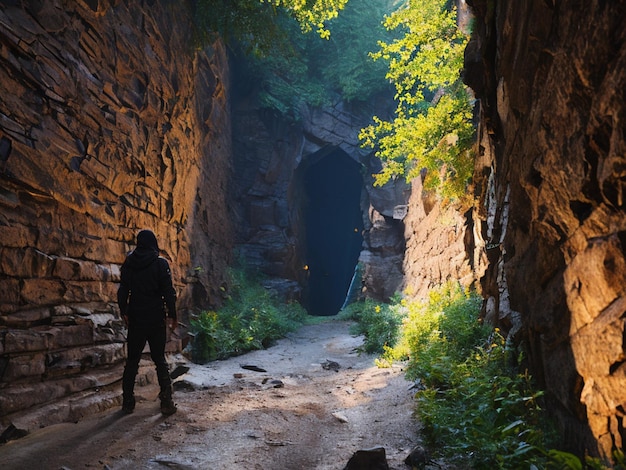 Un hombre se para en un túnel iluminado por el sol.