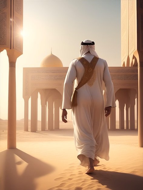 Foto hombre con túnica árabe entrando a una mezquita en el desierto