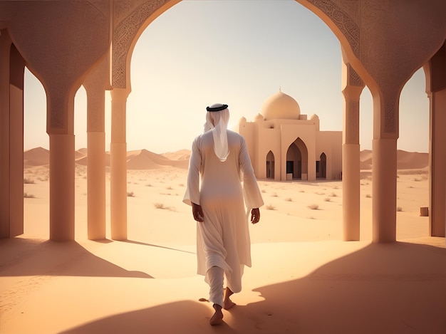 Foto hombre con túnica árabe entrando a una mezquita en el desierto