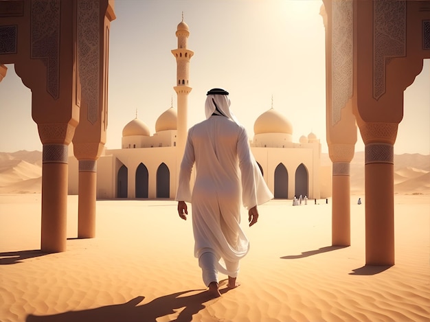 Foto hombre con túnica árabe entrando a una mezquita en el desierto