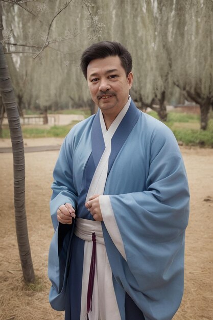 Foto un hombre con una túnica azul se para en un bosque.