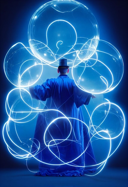 Hombre en una túnica azul y un sombrero de pie frente al fondo con círculos de luz generativa ai