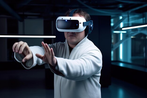 un hombre con una túnica blanca con gafas de realidad virtual