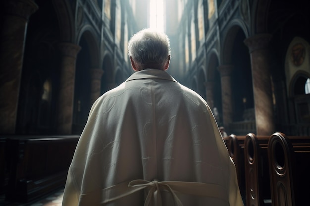 Un hombre con una túnica blanca se para en una iglesia y mira hacia el cielo.