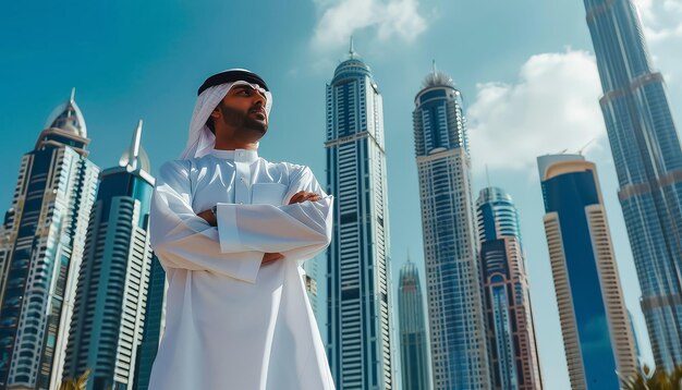 Foto un hombre con una túnica blanca de pie frente a un horizonte de la ciudad