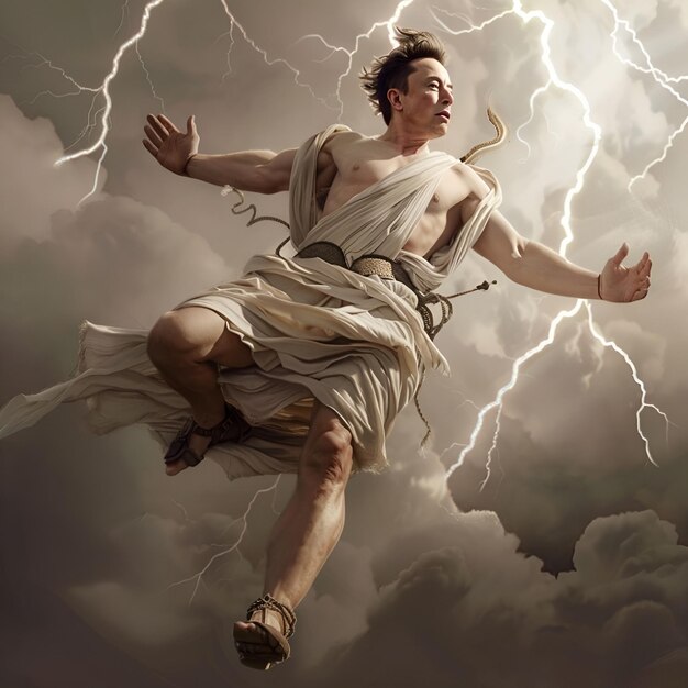 Foto un hombre con una túnica blanca está volando por el cielo con relámpagos