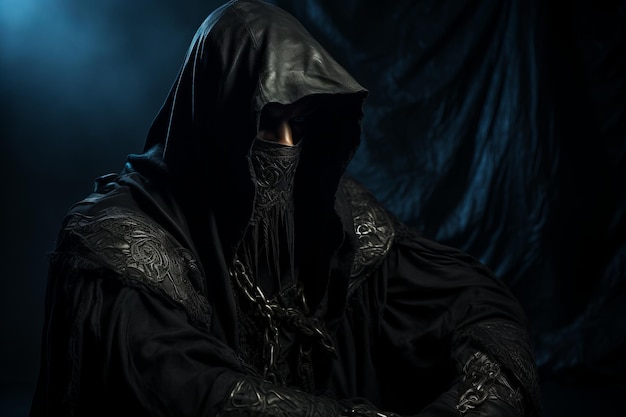 un hombre con una túnica encapuchada sentado en un fondo oscuro