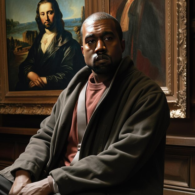 un hombre con una túnica se sienta frente a una pintura de un hombre