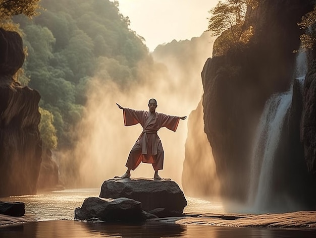Un hombre con túnica se para sobre una roca frente a una cascada con la palabra zen.
