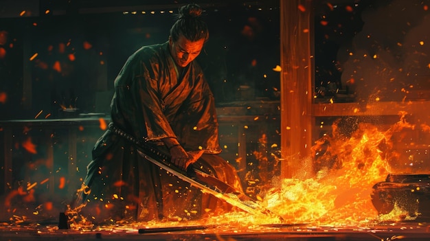 Foto un hombre con una túnica usando una espada para hacer un fuego