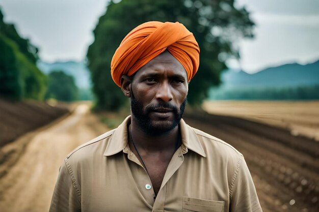 un hombre con un turbante naranja en la cabeza se encuentra frente a un campo de trigo