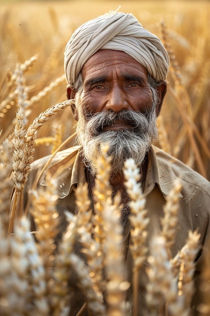 Hombre con turbante de pie en el campo de trigo