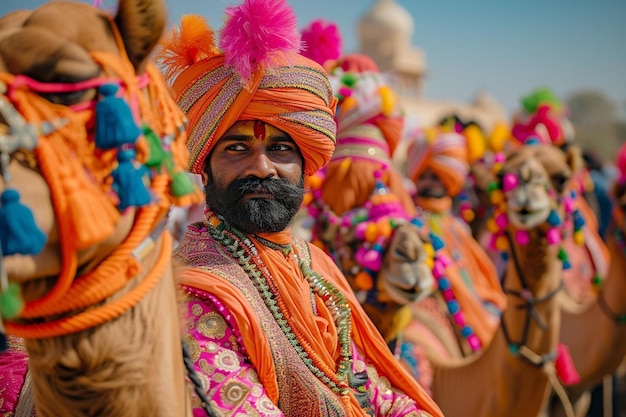 un hombre con un turbante de pie con un grupo de camellos