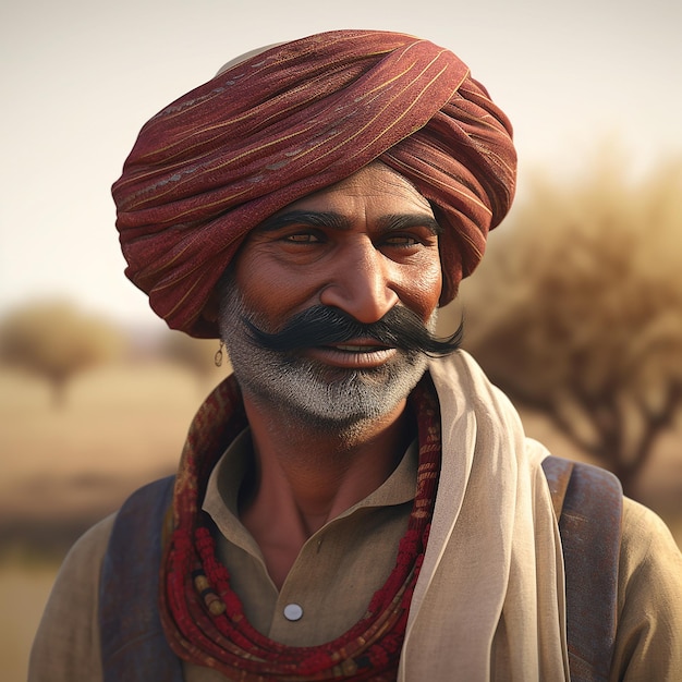 Un hombre con turbante rojo y camisa azul.