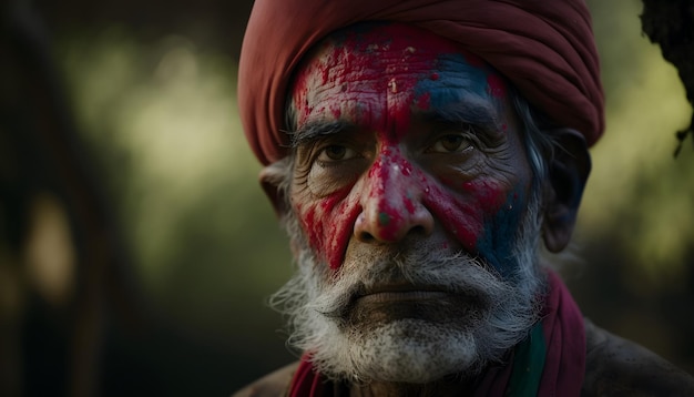 Un hombre con un turbante rojo y un turbante rojo mira a la cámara.