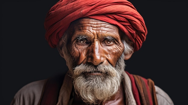 Un hombre con un turbante rojo y un turbante rojo.