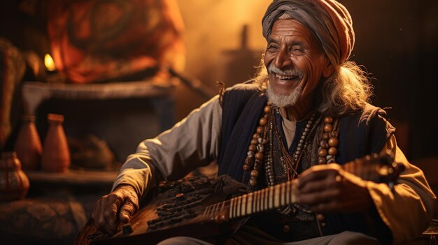 Un hombre con un turbante toca apasionadamente la guitarra creando melodías armoniosas