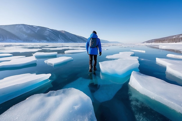 Hombre turista caminando sobre el hielo del lago Baikal Paisaje invernal del lago Baical Siberia Rusia Hielo azul transparente agrietado y el cielo azul