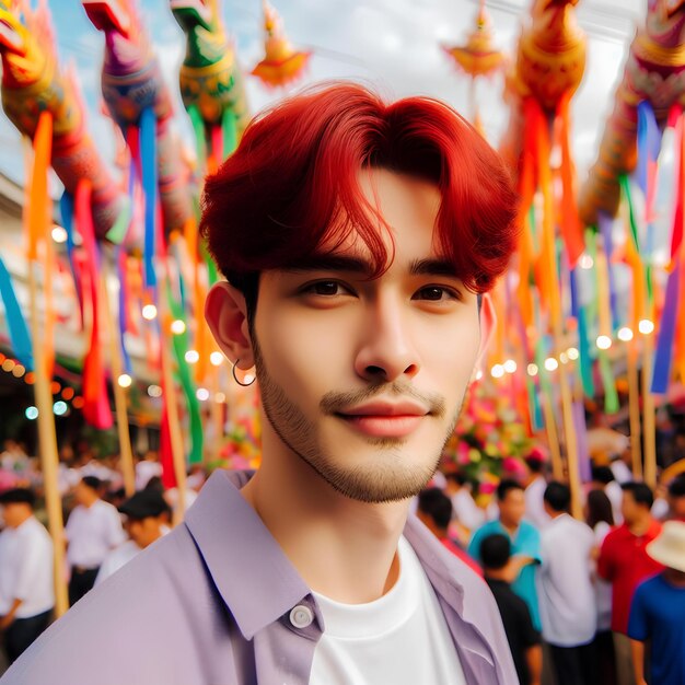 Foto un hombre se une a una animada fiesta del templo en tailandia