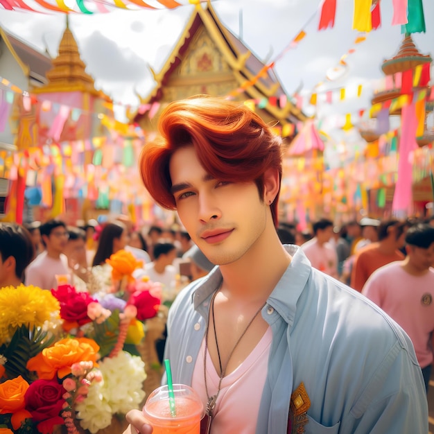 Foto un hombre se une a una animada fiesta del templo en tailandia