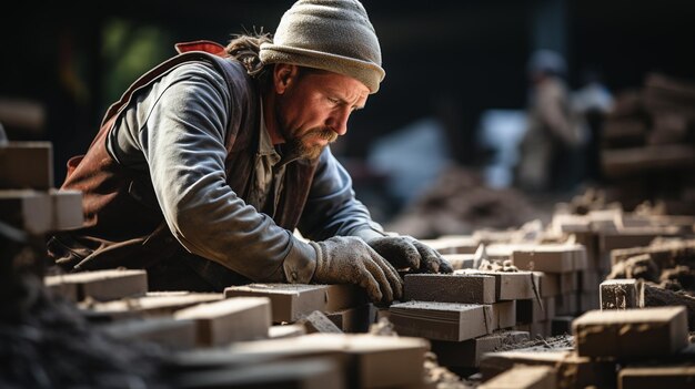 Hombre uniformado con pala y martillo trabajando en el sitio de construcción.