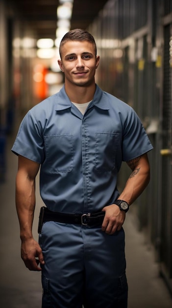 un hombre en uniforme azul está caminando en un pasillo