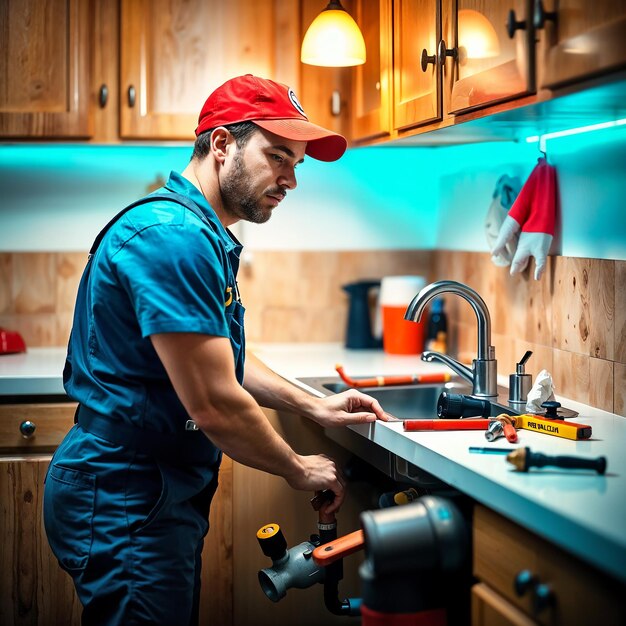 un hombre en uniforme azul está lavando un fregadero