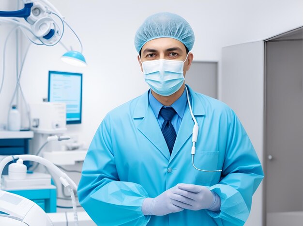 un hombre en un uniforme azul está de pie frente a un monitor con un uniforme azul en