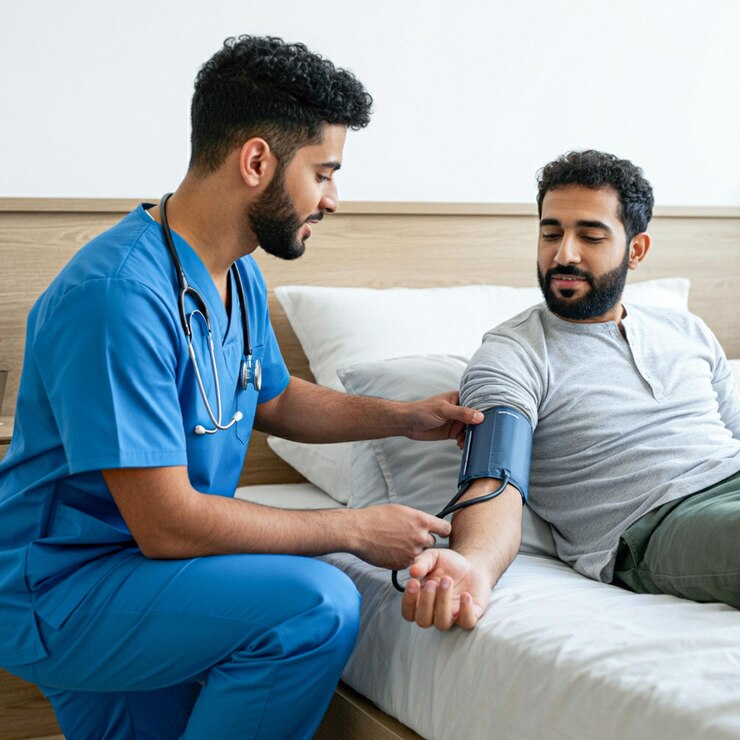 un hombre con un uniforme azul que dice hospital
