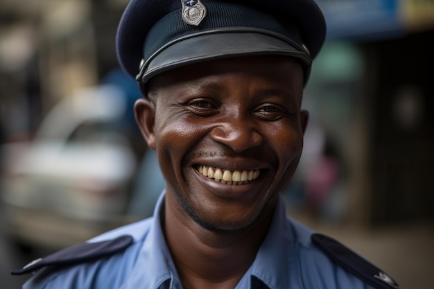 Un hombre con uniforme azul sonríe a la cámara.