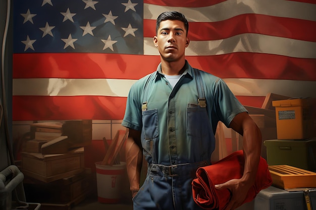 un hombre de uniforme con una bandera detrás de él