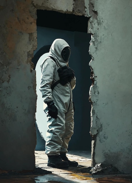 Foto un hombre con un uniforme blanco está de pie frente a una pared que tiene un hombre con una sudadera y una sudadera en ella