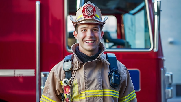 un hombre con un uniforme de bomberos con la palabra fuego en el frente