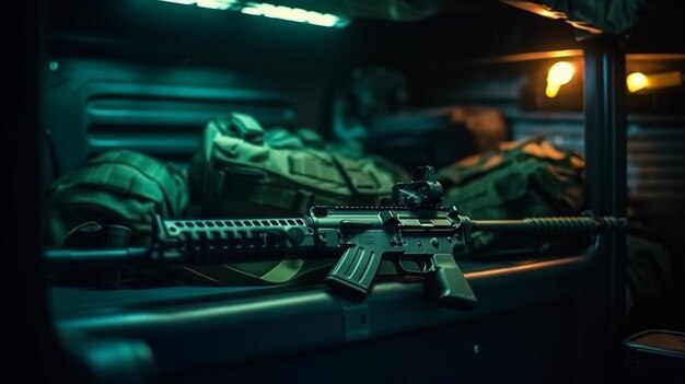 Foto un hombre con un uniforme de camuflaje verde sostiene un rifle en el maletero de un camión.