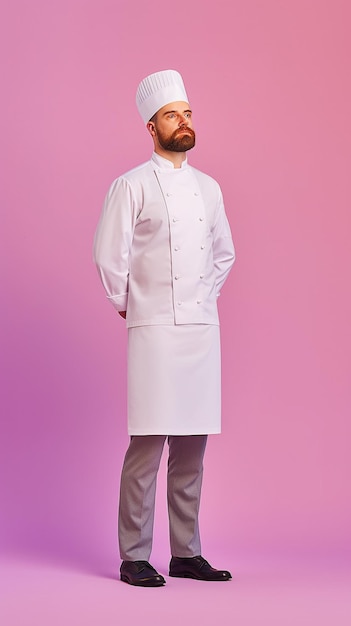 Un hombre con uniforme de chef blanco se para frente a un fondo rosa.