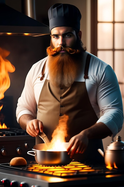 Un hombre en el uniforme de un chef cocinando comida