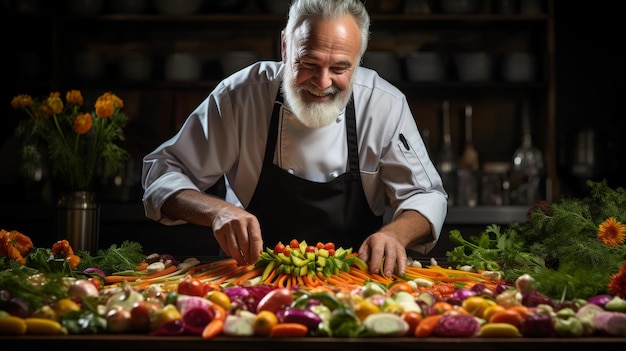 Un hombre en uniforme de chef cortando hábilmente verduras en una mesa