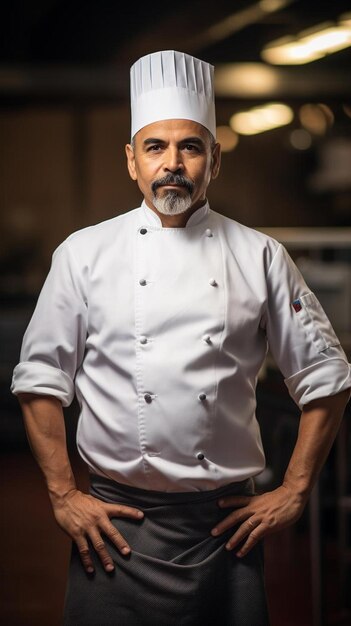 Foto un hombre en uniforme de chef está de pie frente a un mostrador con las manos en las caderas