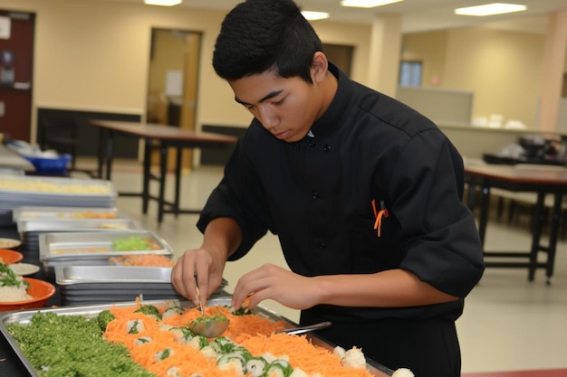 Foto un hombre en uniforme de chef preparando comida en una mesa