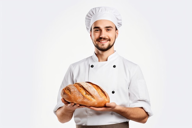 Un hombre con uniforme de chef sostiene una hogaza de pan.