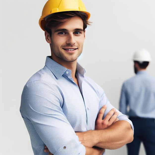 un hombre en uniforme de constructor está en construcción en el fondo