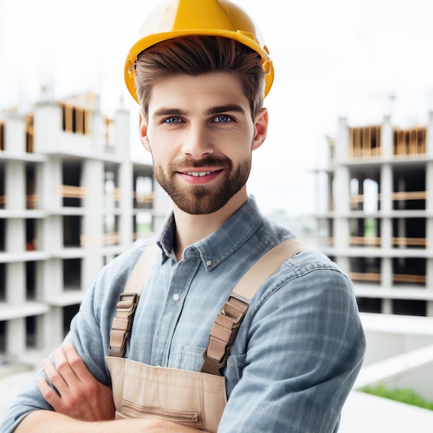 un hombre en uniforme de constructor está en construcción en el fondo