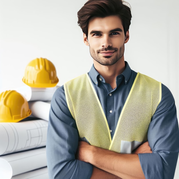 un hombre en uniforme de constructor está en construcción en el fondo