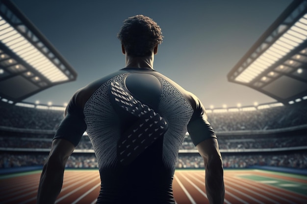 un hombre con un uniforme deportivo está de pie frente a un estadio con las palabras deportes en él.