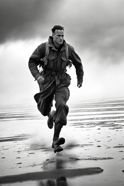 Un hombre en uniforme militar corriendo en la playa generativa ai